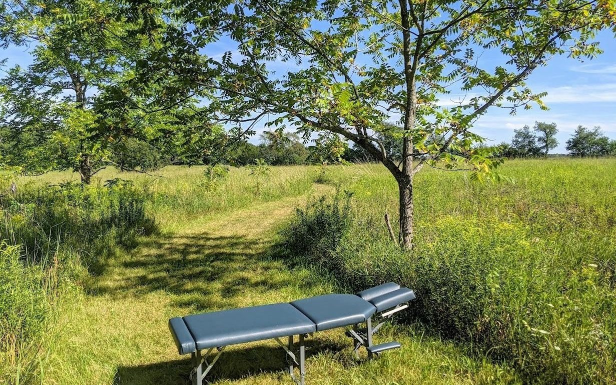 A chiropractic table set up outdoors in a meadow, from Evergreen Chiropractic in Cedarburg